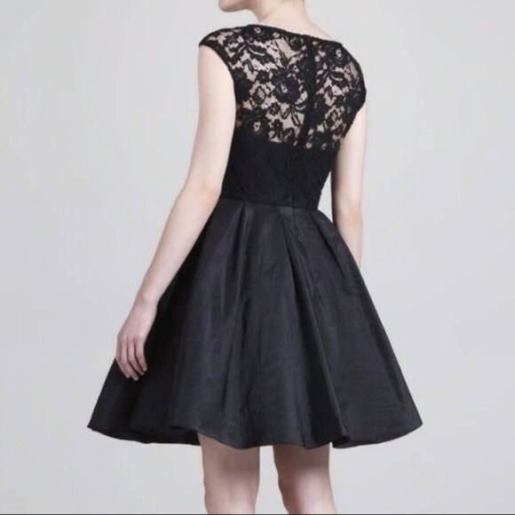 Marchesa Lace Illusion Fit & Flare Tafetta Mini Dress in Black $595 - Picture 2 of 13